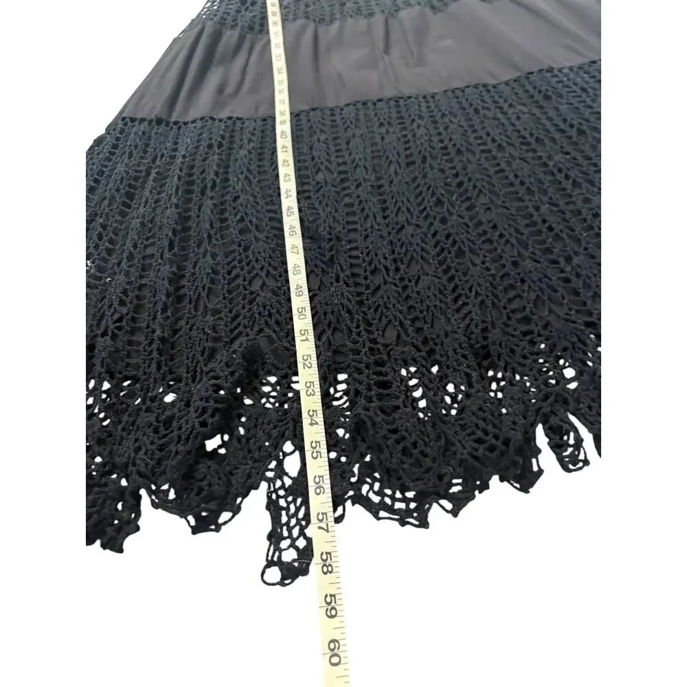 VTG Y2K Black Cotton Boho Maxi Dress Medium Smocked Crochet Knit‎ Slip Casual